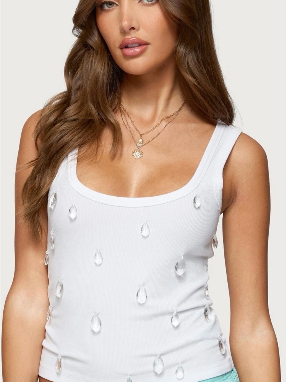 Faux crytal ribbed tank top